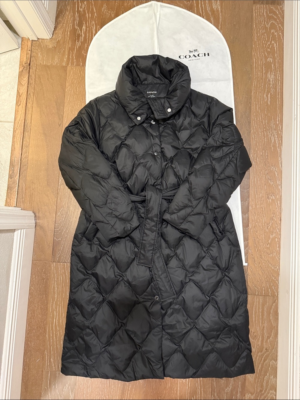 Coach Black Quilted Belted Long Puffer Coat Down and Feathers Washable